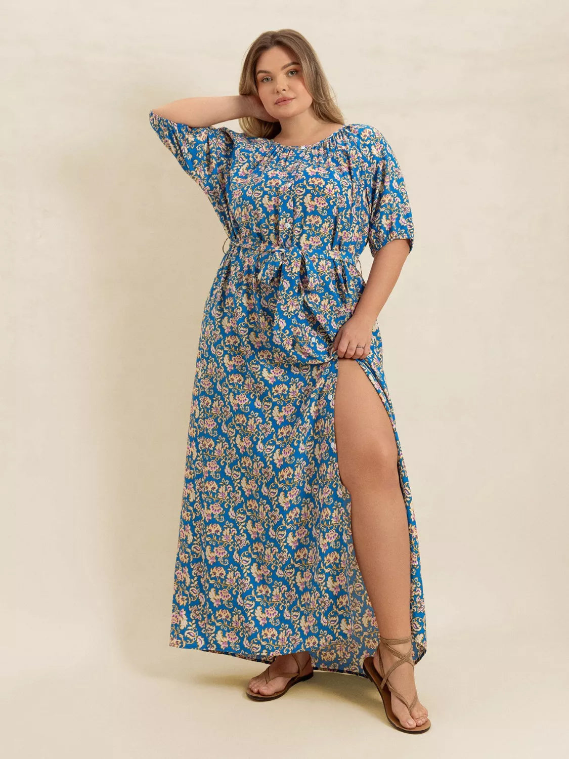 Boho Western Blue Floral Print Tie-Detail Side-Slit Plus Size Maxi Dress 0XL-4XL
