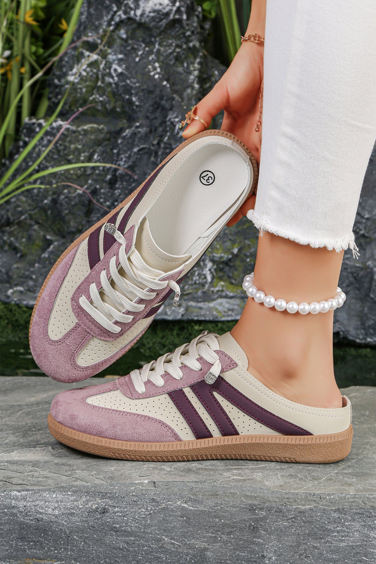 Pink Eyelet PU Leather Patchwork Color Pop Sneakers Faux Suede Sizes 6-10 (37-42)