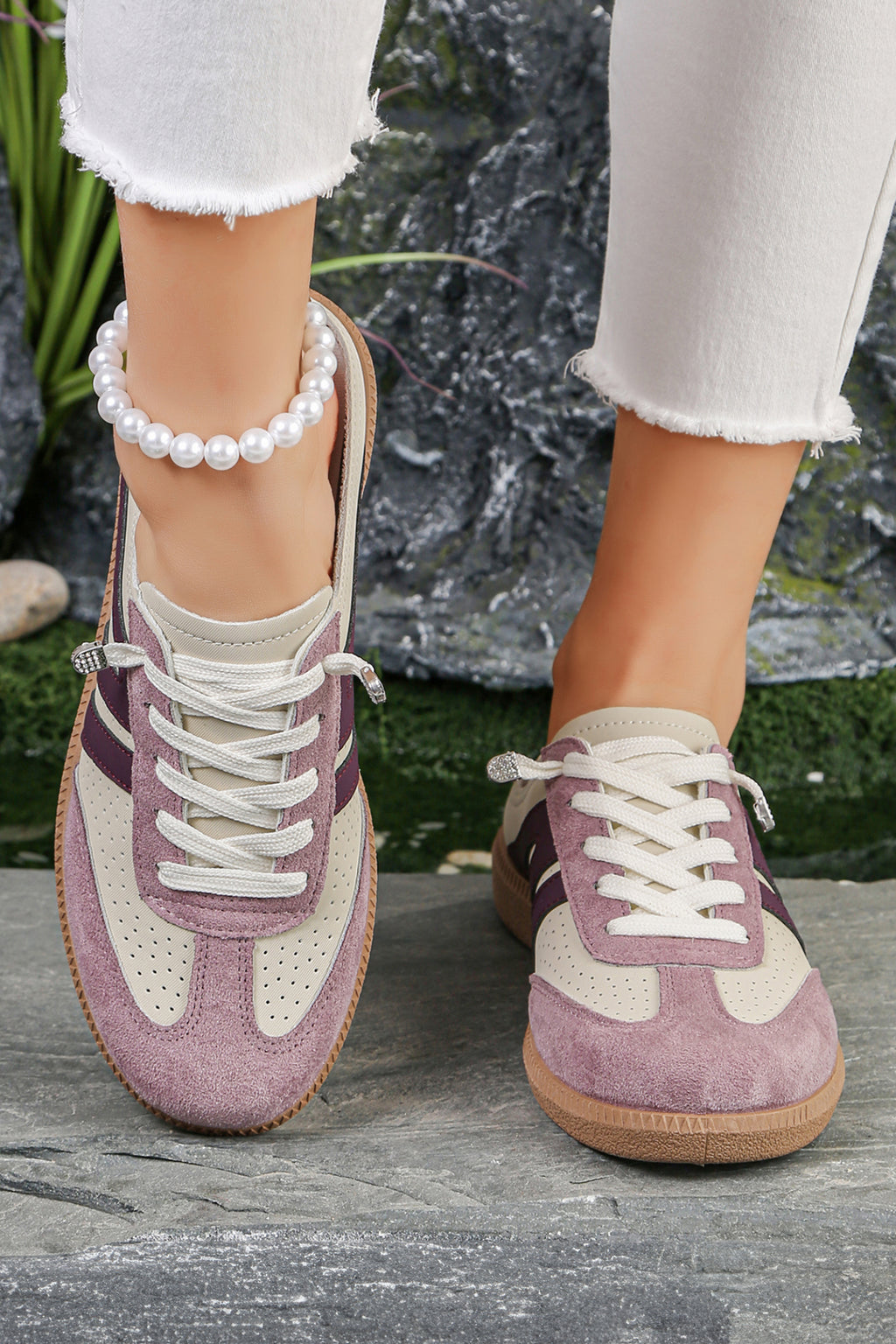 Pink Eyelet PU Leather Patchwork Color Pop Sneakers Faux Suede Sizes 6-10 (37-42)