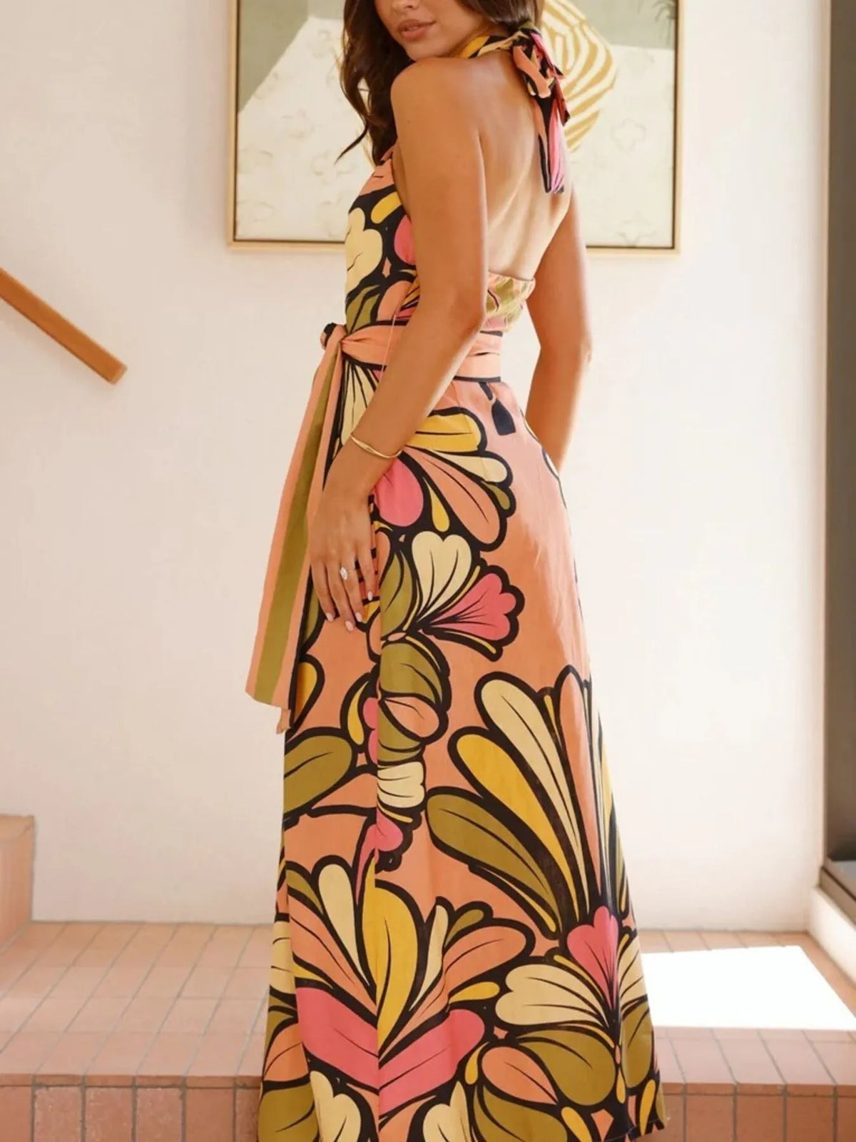 Boho Retro Floral Print Halter Neck Maxi Cami Dress S-2XL
