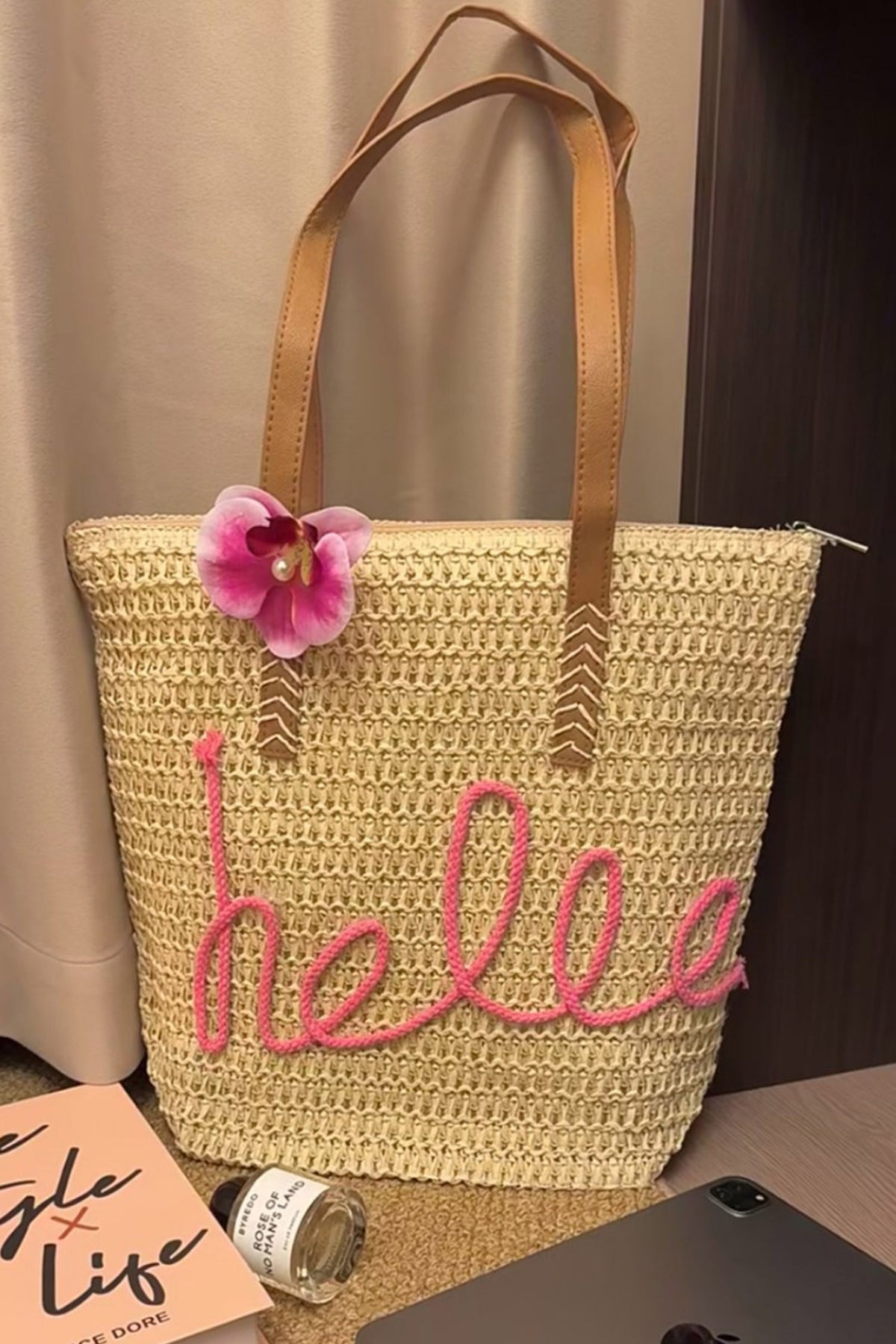 Khaki & Pink "Hello" Boho Handwoven Crochet Floral Accent Travel Tote Bag 14"x15"x5"