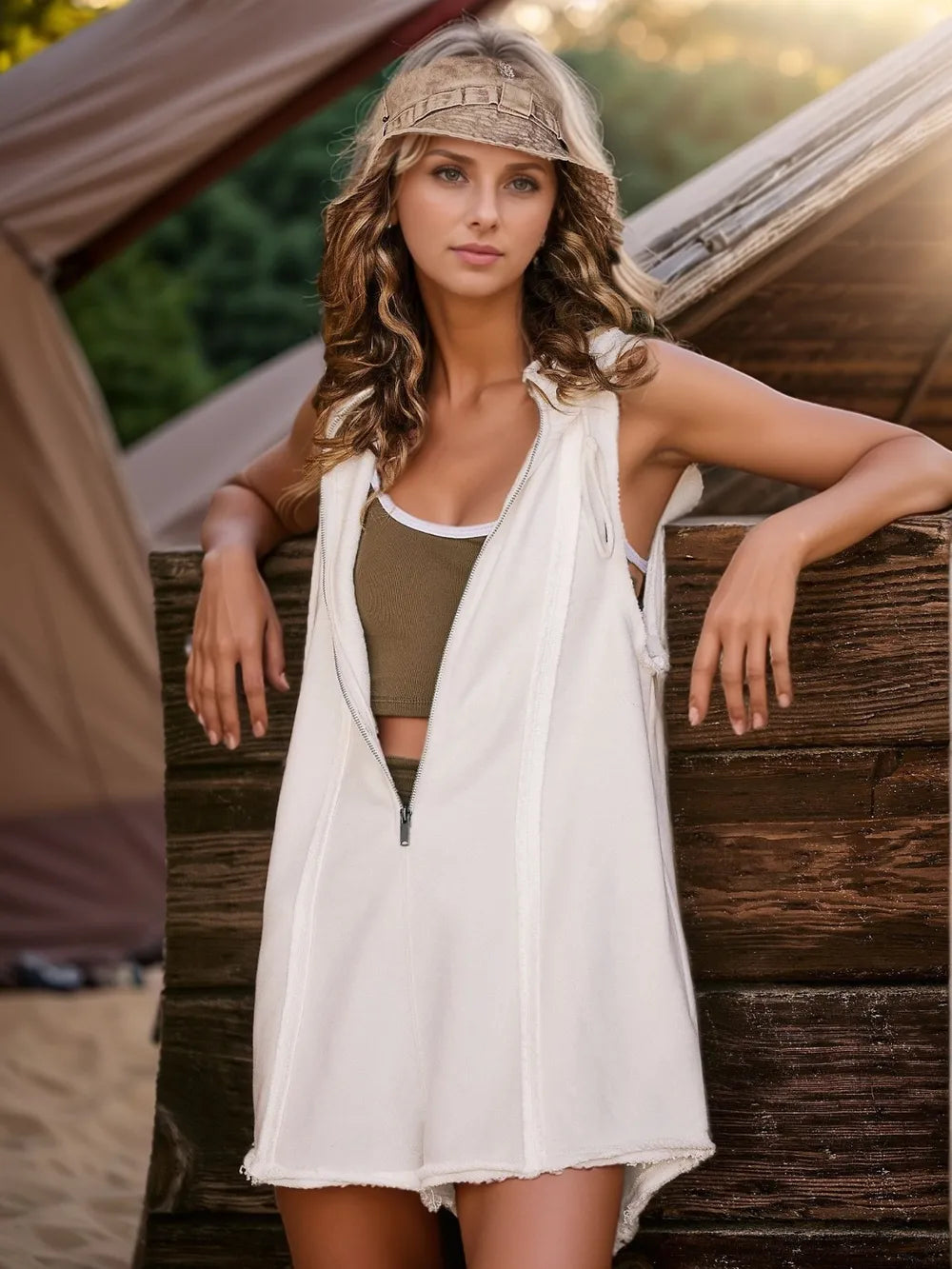 Half Zipped Hooded Sleeveless Romper