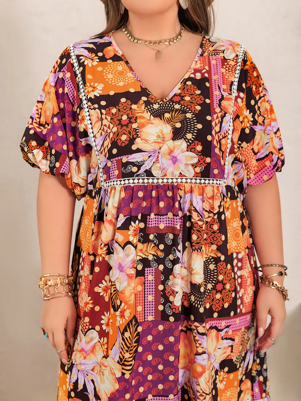 Boho Western Multicolor Flower Print V-Neck Half Sleeve Plus Size Maxi Dress 0XL-4XL