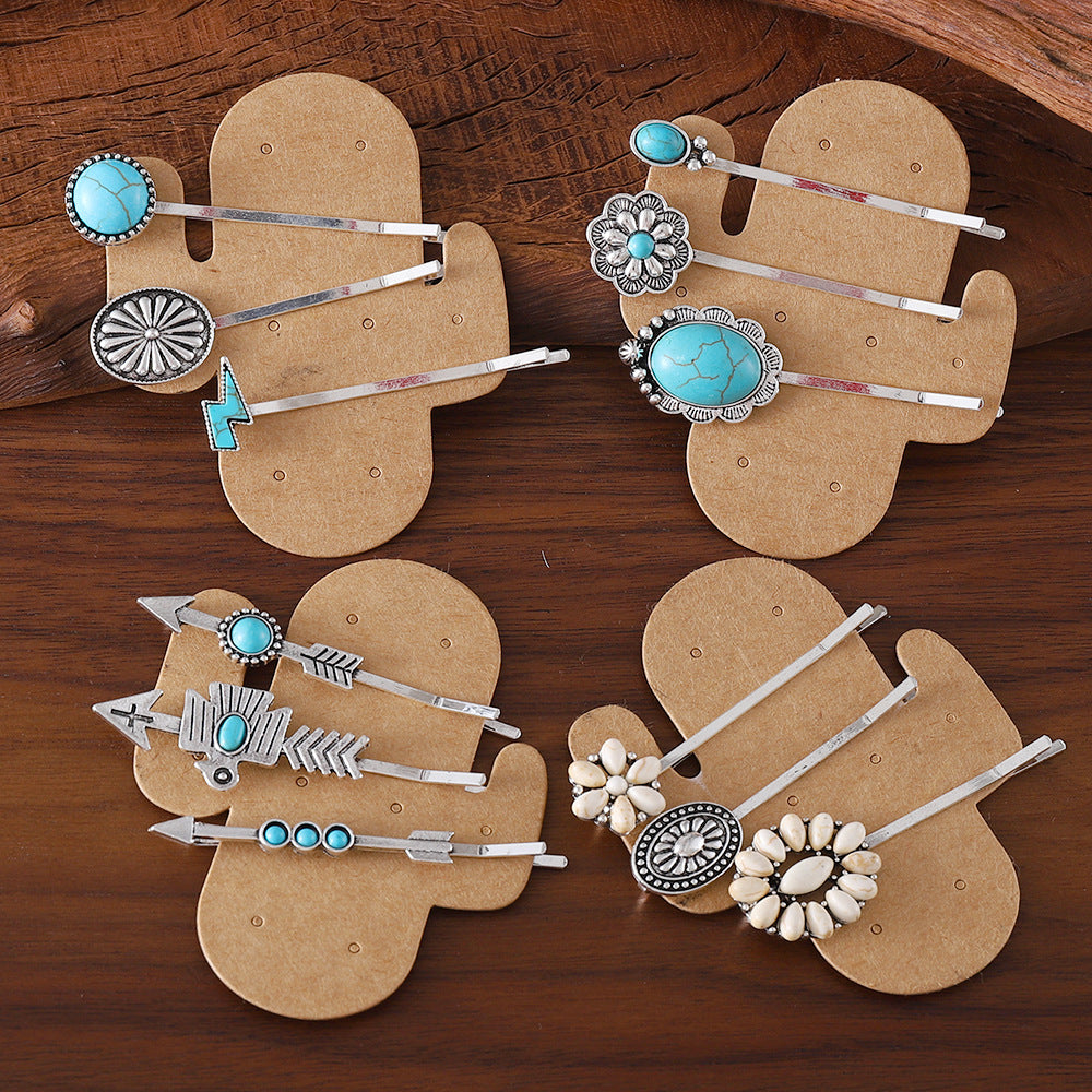 Boho Western Style Turquoise-Encrusted Silver Bobby Pin Hair Clip Set Ivory in 4 Styles