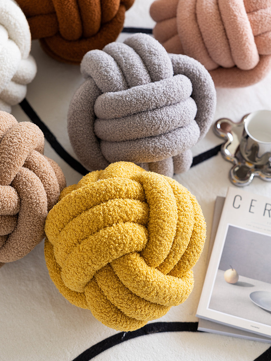 Boho Spherical Lamb Wool Round Rope Knot Pillow in 12 Colors & 2 Sizes
