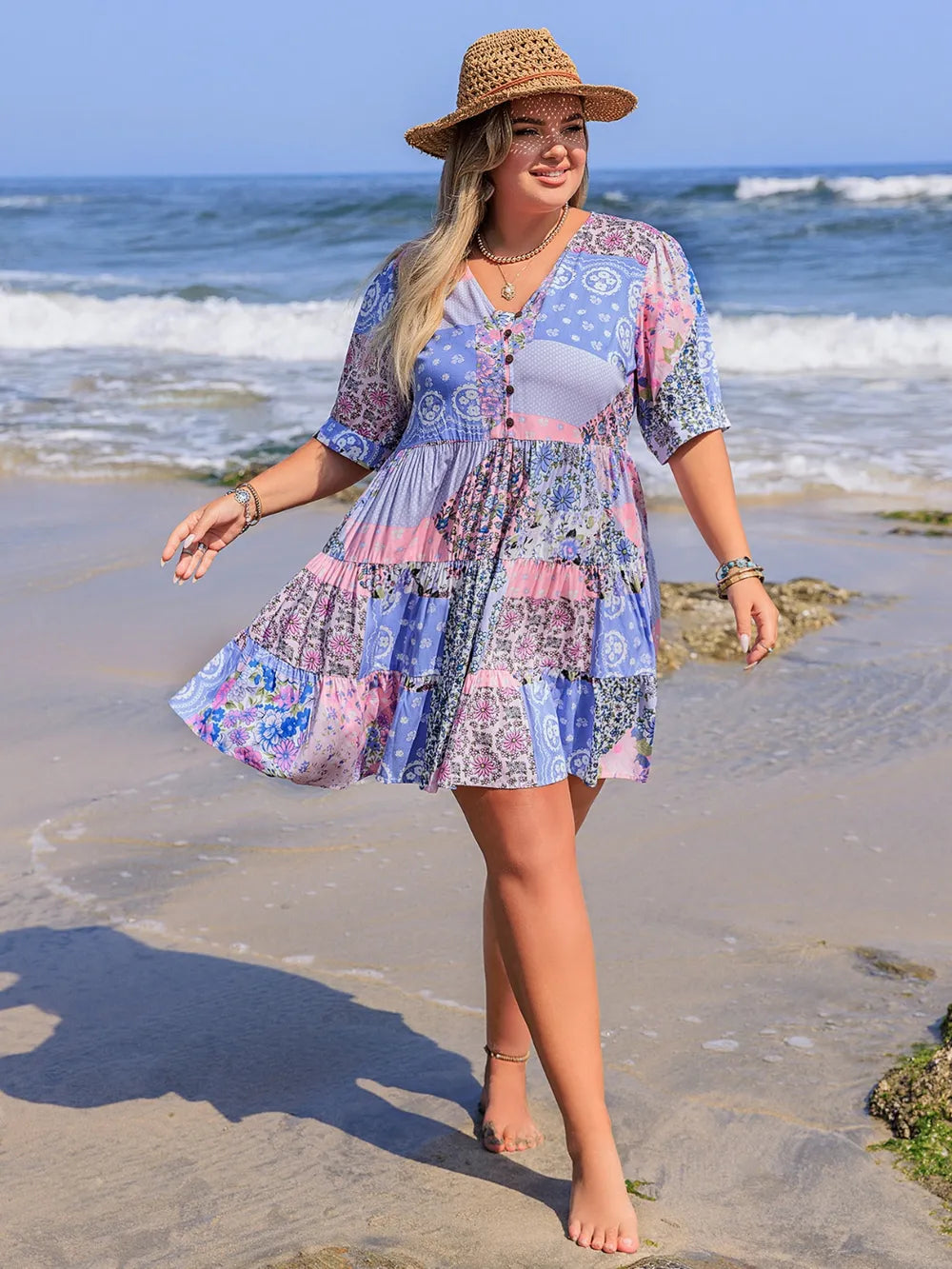Boho Western Blue Pink Floral Print V-Neck Tiered Plus Size Mini Dress 0XL-4XL