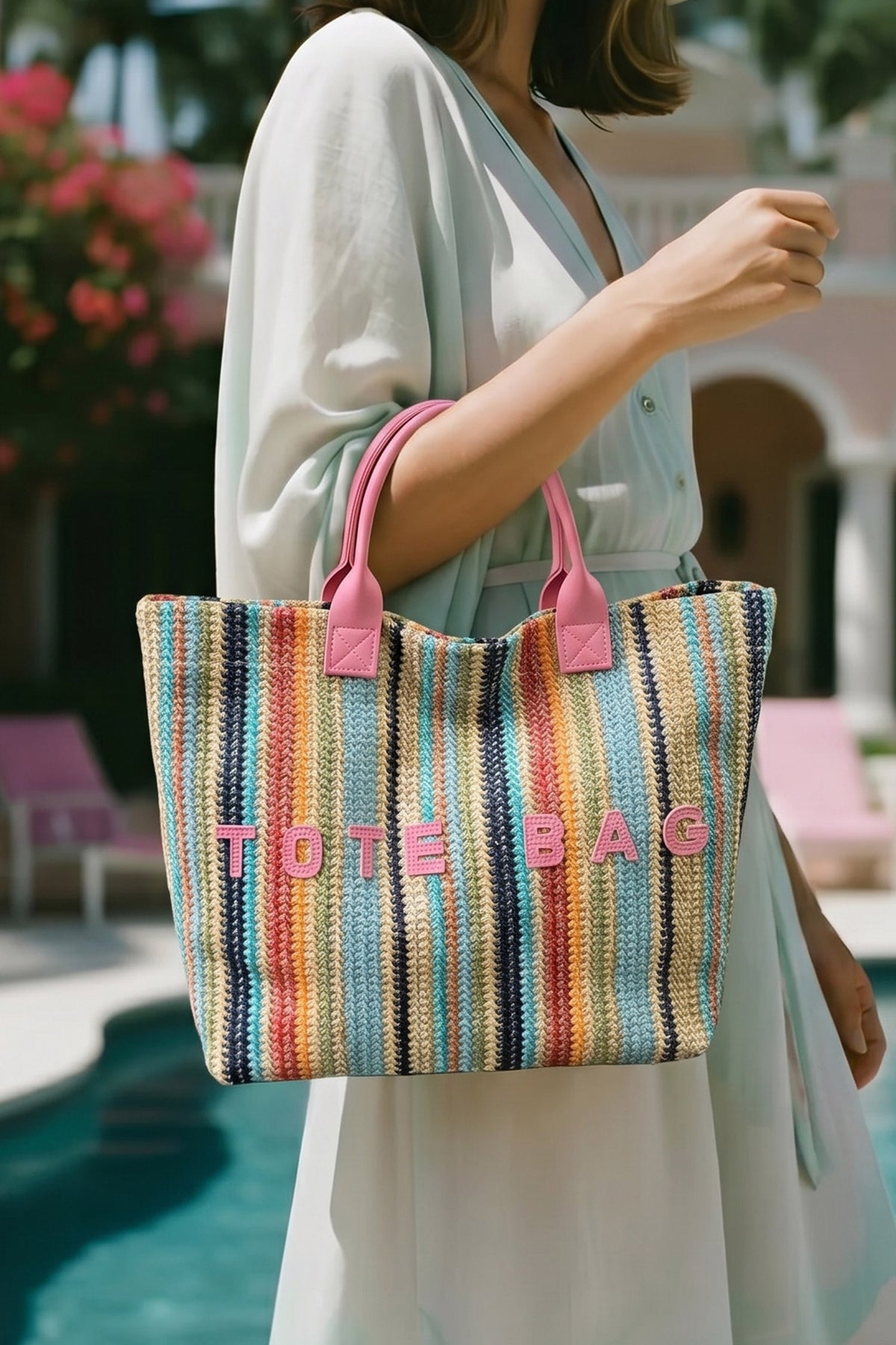 Pink Multicolor Bohemian Straw Crochet Woven "Tote Bag" 12"x12"x4.5"