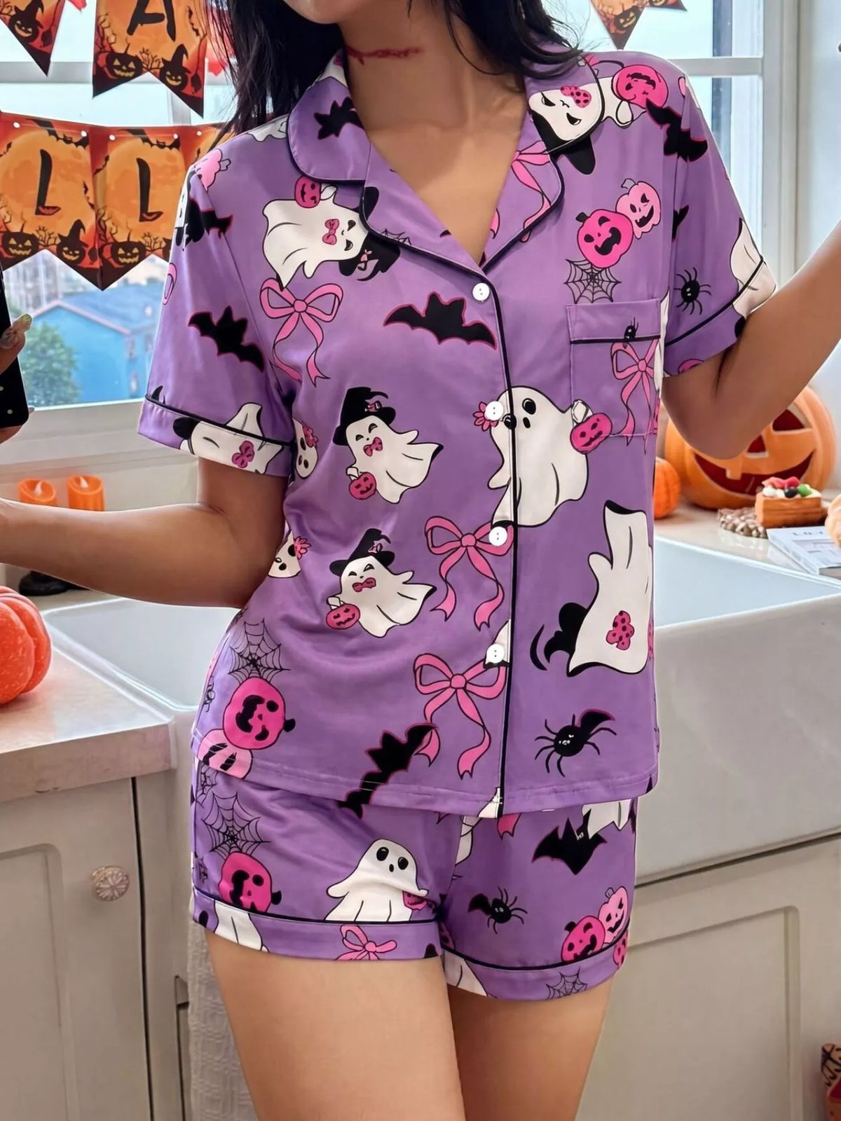 Halloween Ghost Print Button-Down Top and Shorts Lounge Pajama Set | S-XL | 3 Colors