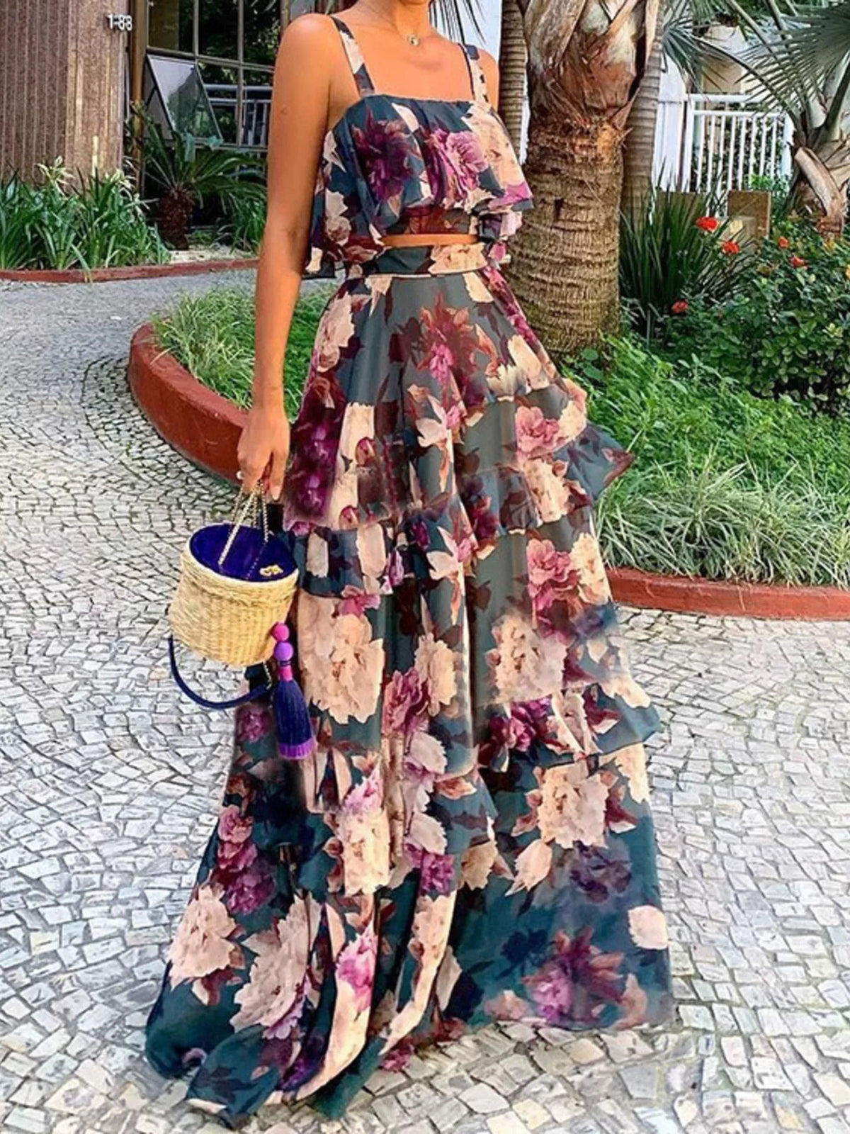 Boho Western Floral Print Ruffle Cami and Skirt Two-Piece Set S-2XL Plus | 4 Colors
