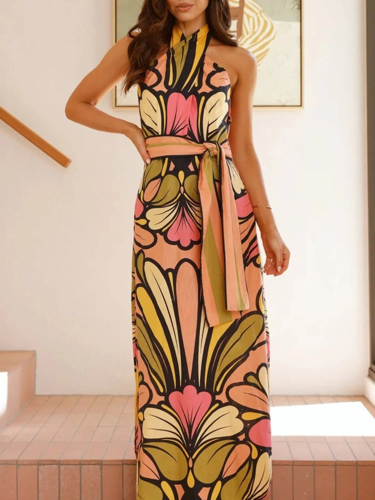 Boho Retro Floral Print Halter Neck Maxi Cami Dress S-2XL