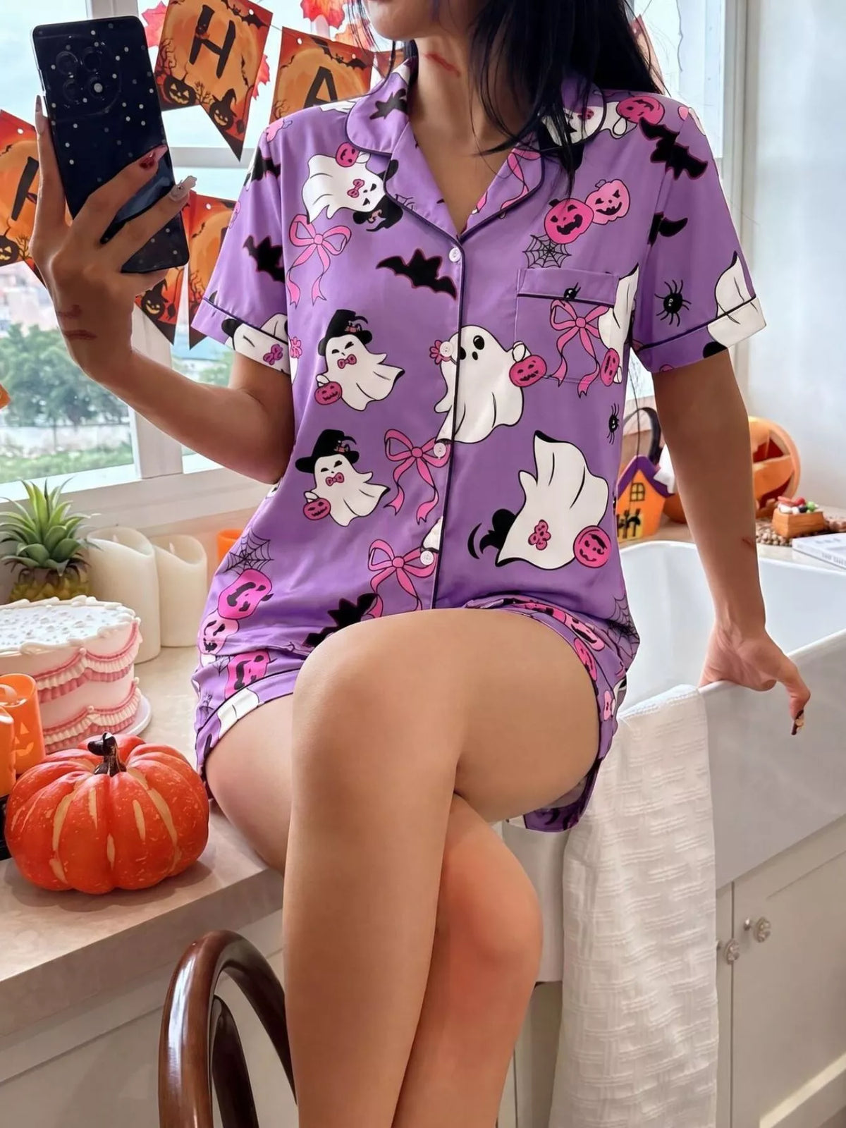 Halloween Ghost Print Button-Down Top and Shorts Lounge Pajama Set | S-XL | 3 Colors