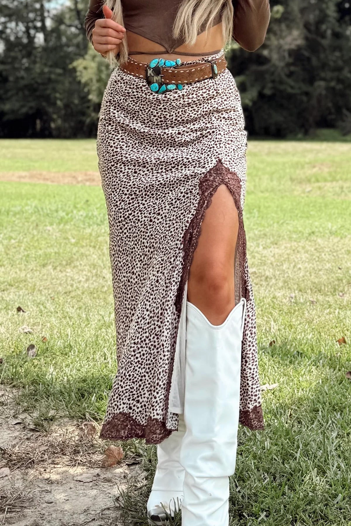 S-XL Multicolor Cheetah Print Lace Trim Split Long Western Skirt
