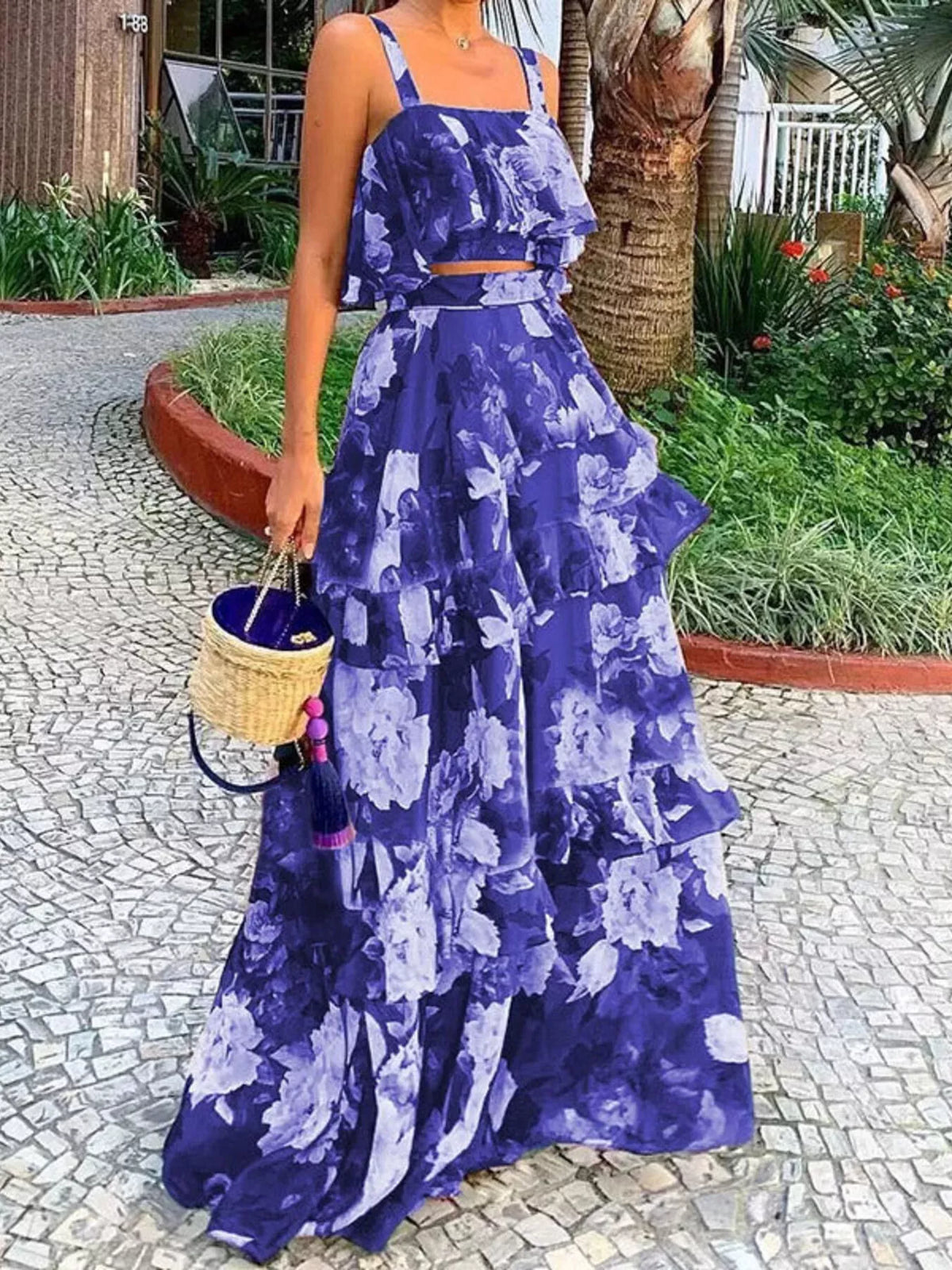 Boho Western Floral Print Ruffle Cami and Skirt Two-Piece Set S-2XL Plus | 4 Colors