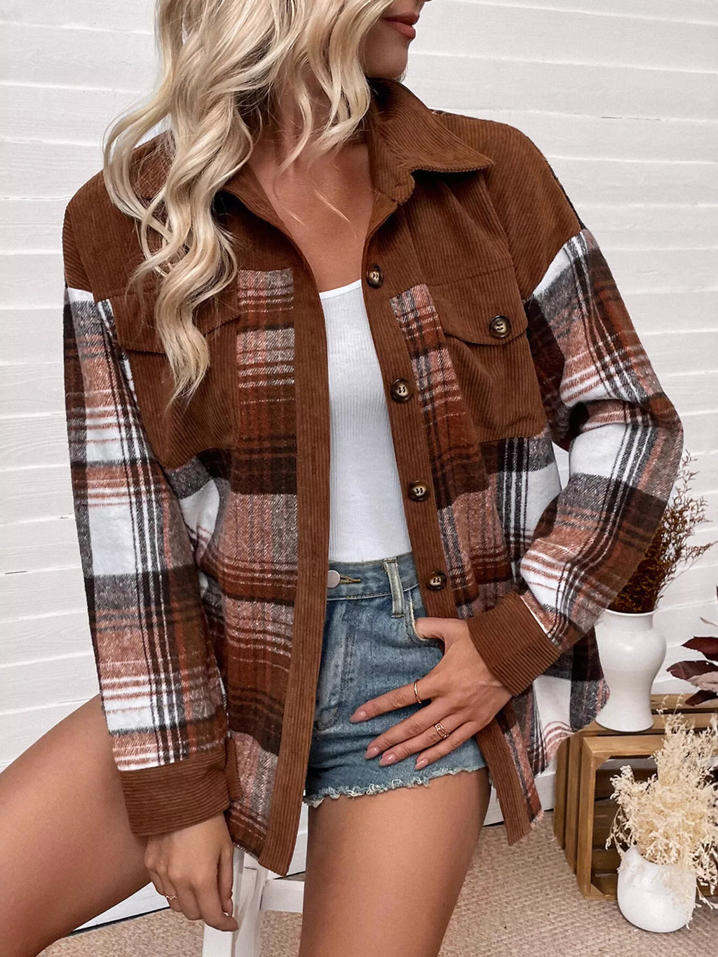 Plaid Button-Up Shacket with Chest Pockets