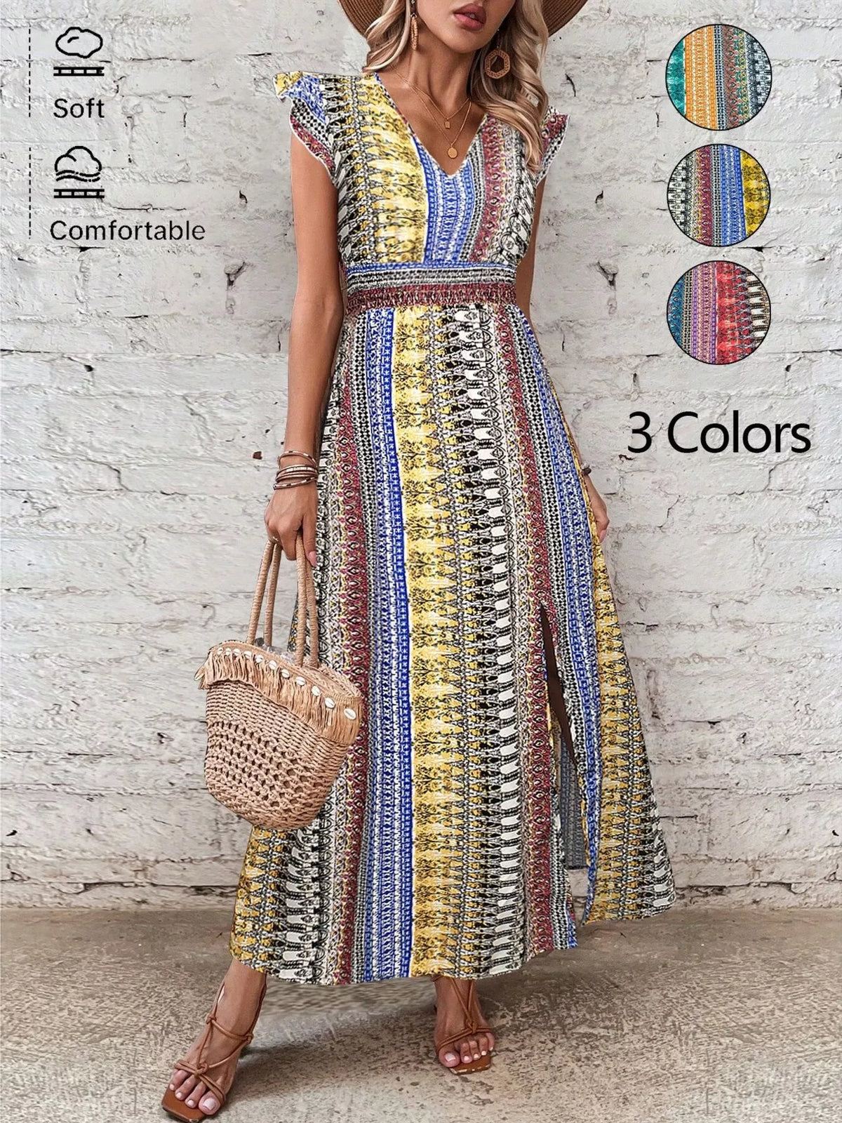 Boho Western Multicolor Stripe Print Ruffle Cap Sleeve Slit Dress in 3 Colors | S-XL