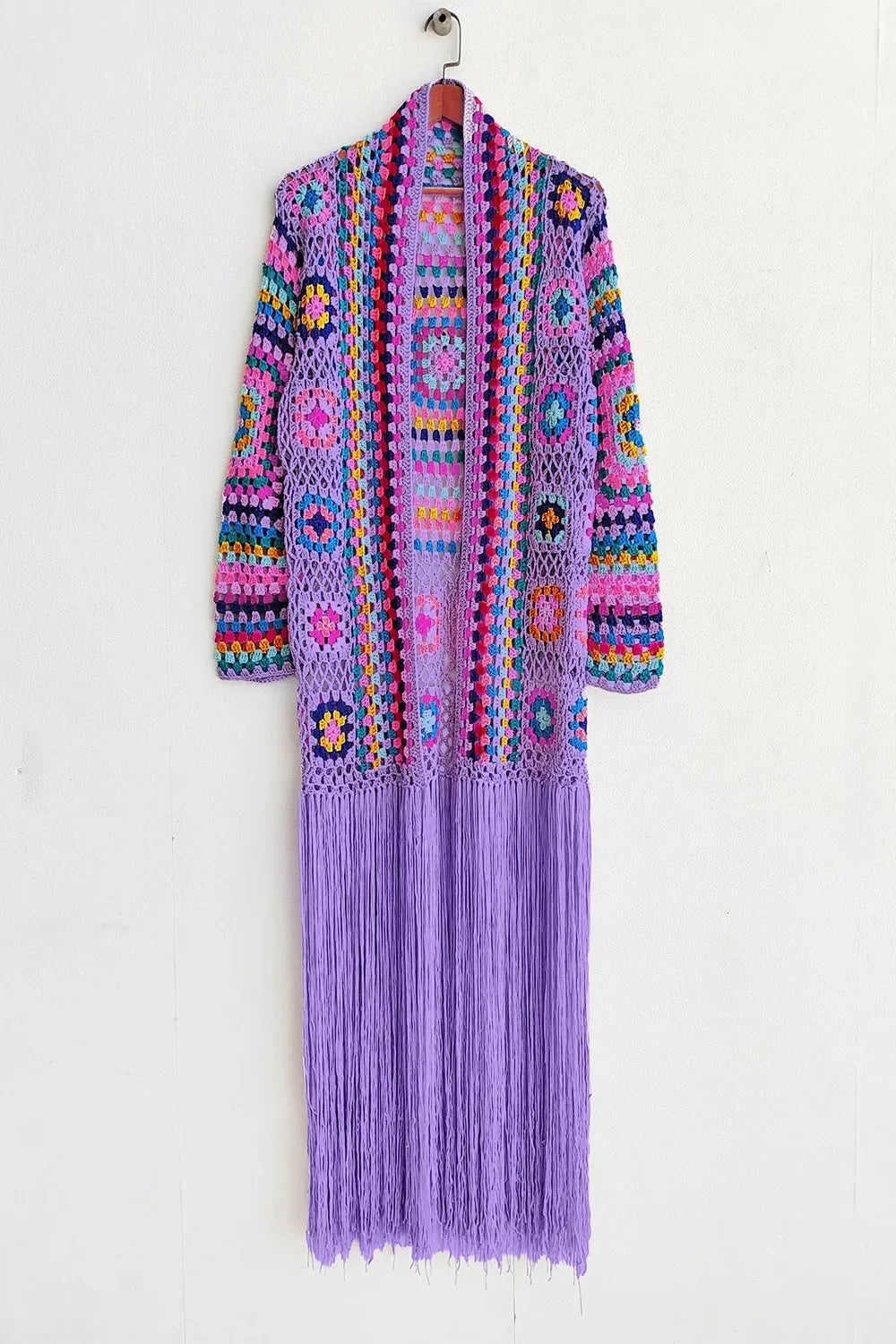 Boho Western Retro Granny Square Fringe Tied Long Sleeve Cardigan | M-3XL Plus Size | 5 Colors