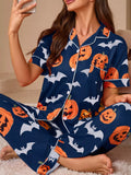 Halloween Pumpkin & Bat Print Top and Pants Lounge Pajama Set | S–XL | Navy, Orange, Black or Purple