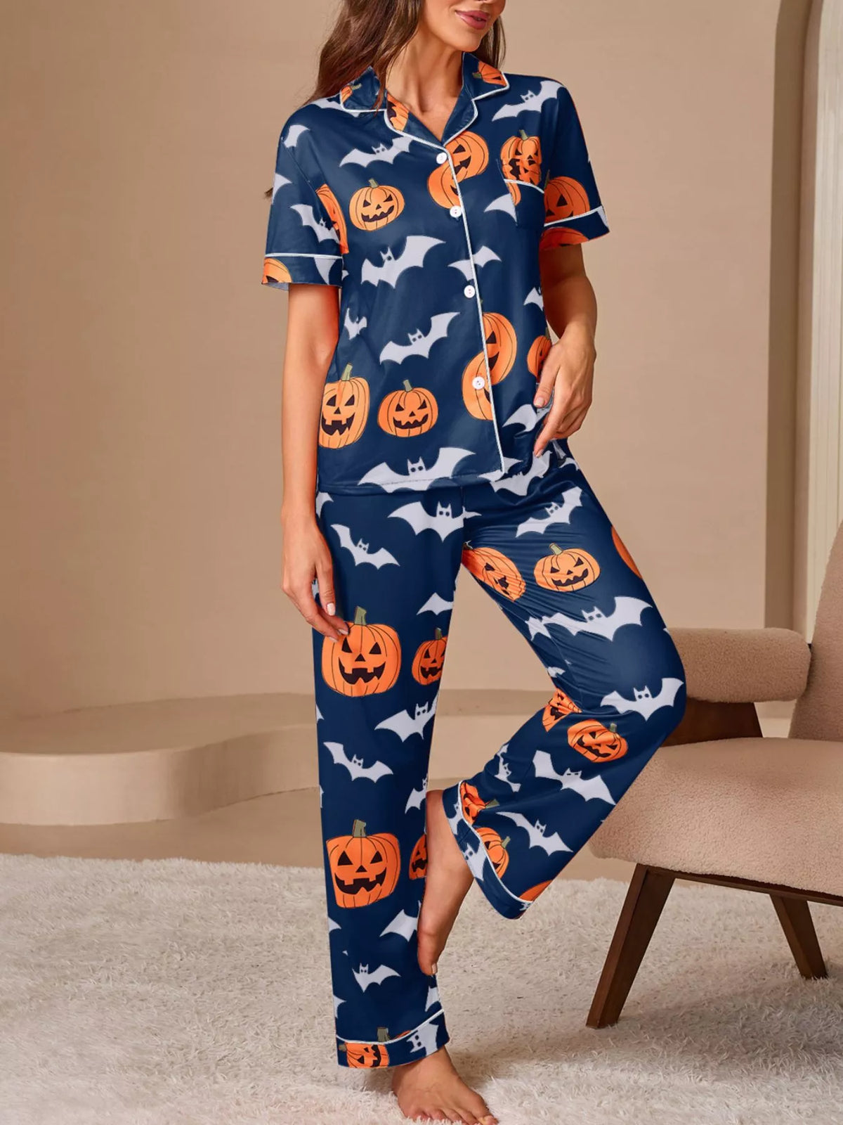 Halloween Pumpkin & Bat Print Top and Pants Lounge Pajama Set | S–XL | Navy, Orange, Black or Purple