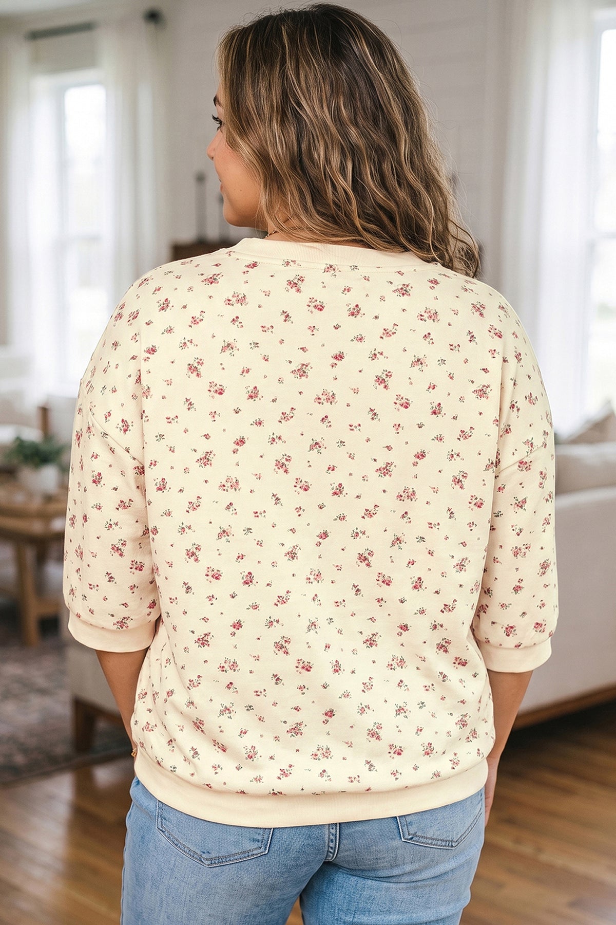 1X-4X Beige Floral Print Plus Size Sweatshirt