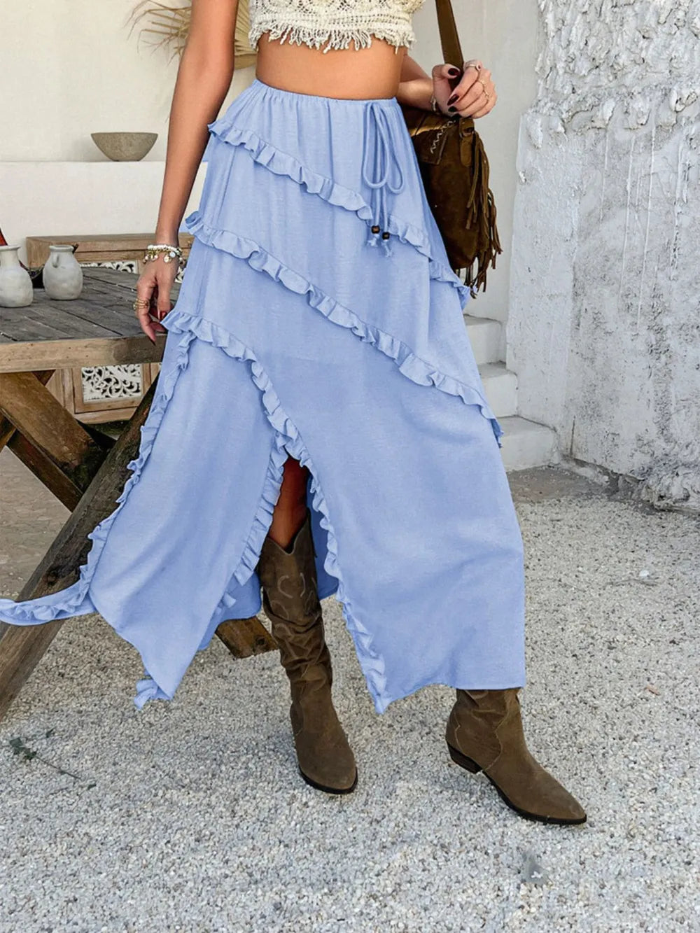 Boho Western Devine Slit Drawstring Ruffled Skirt | S-XL | White, Blue, Red, Black
