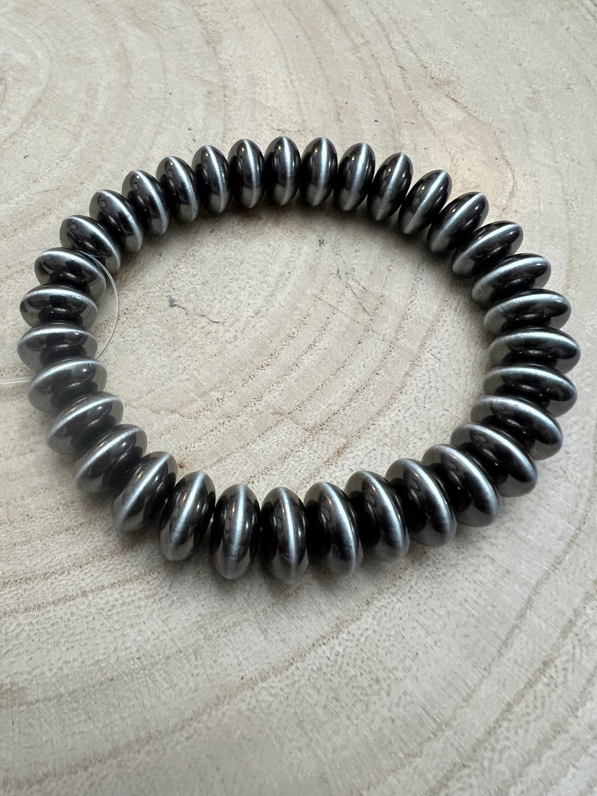 Boho Western Faux Sterling Saucer Stretch Bracelet — 10mm Beaded Bracelet
