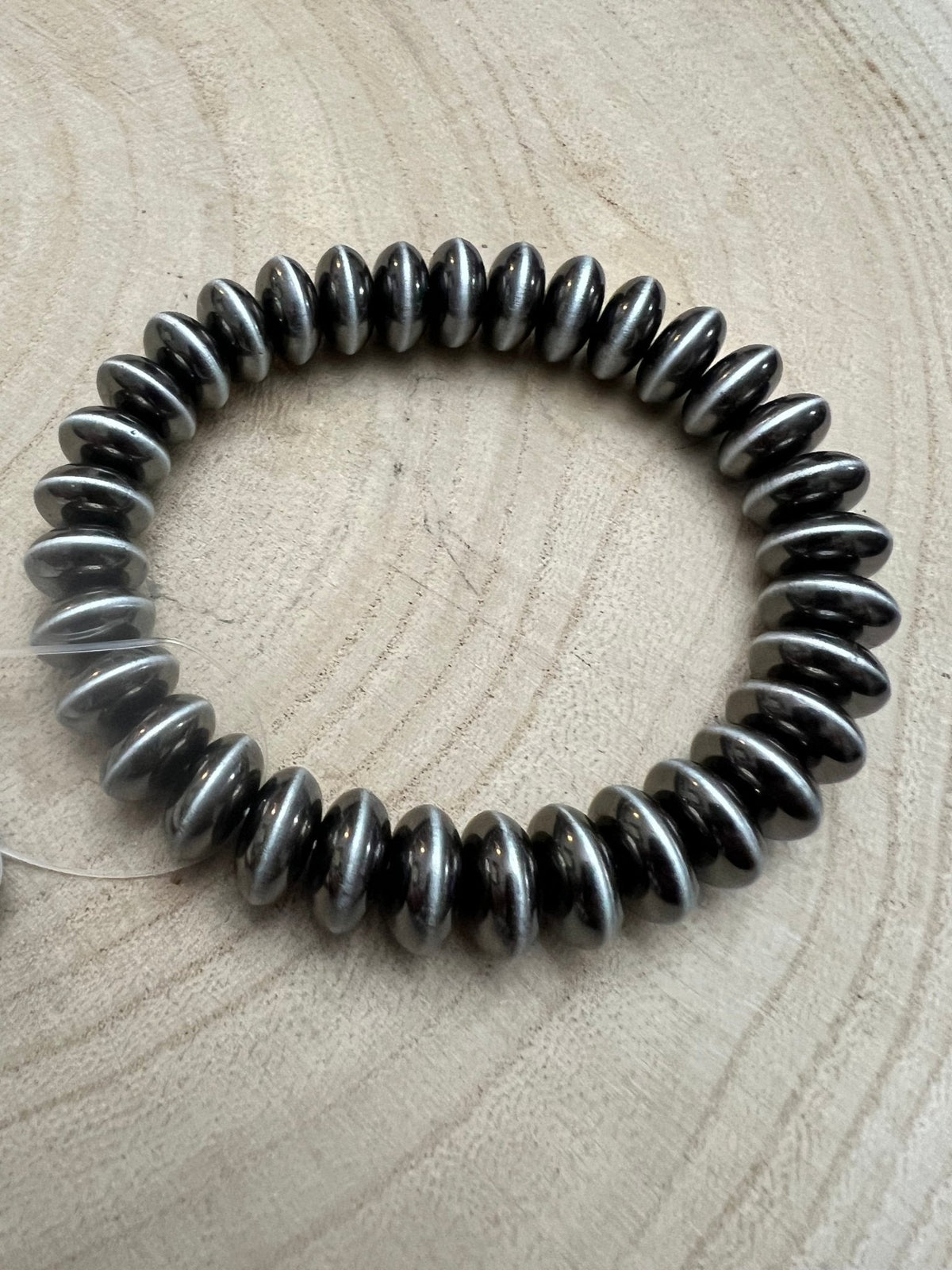 Boho Western Faux Sterling Saucer Stretch Bracelet — 10mm Beaded Bracelet