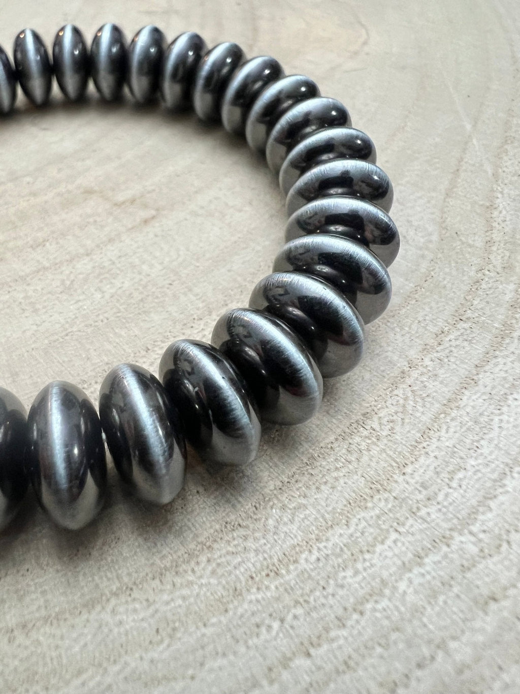 Boho Western Faux Sterling Saucer Stretch Bracelet — 10mm Beaded Bracelet