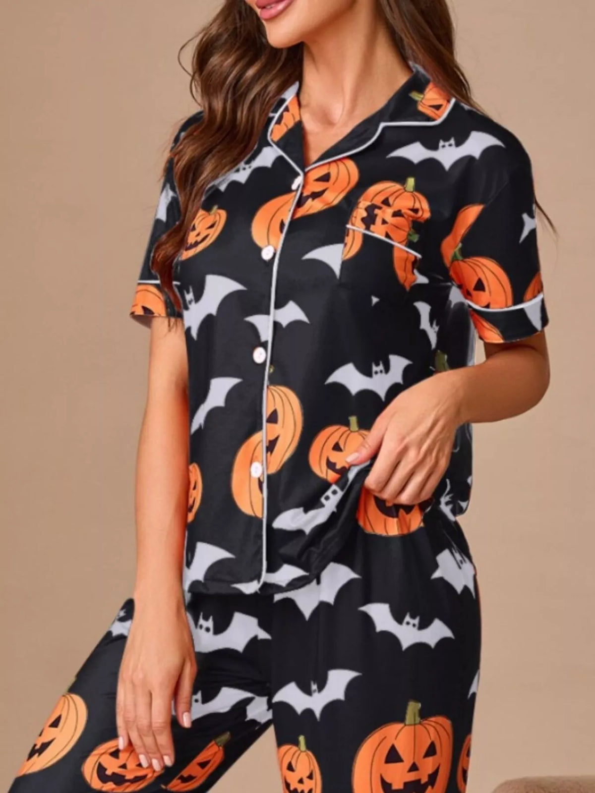 Halloween Pumpkin & Bat Print Top and Pants Lounge Pajama Set | S–XL | Navy, Orange, Black or Purple