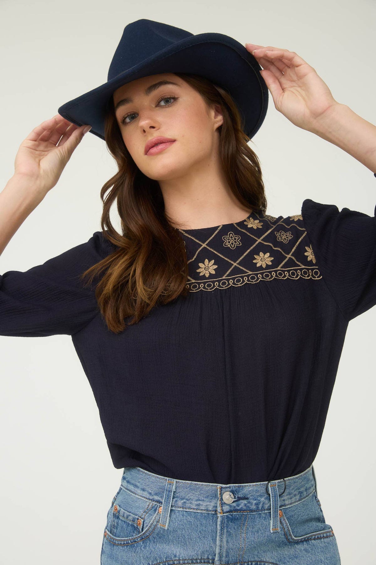 Boho Western Floral Embroidered Yoke 3/4 Sleeve Blouse