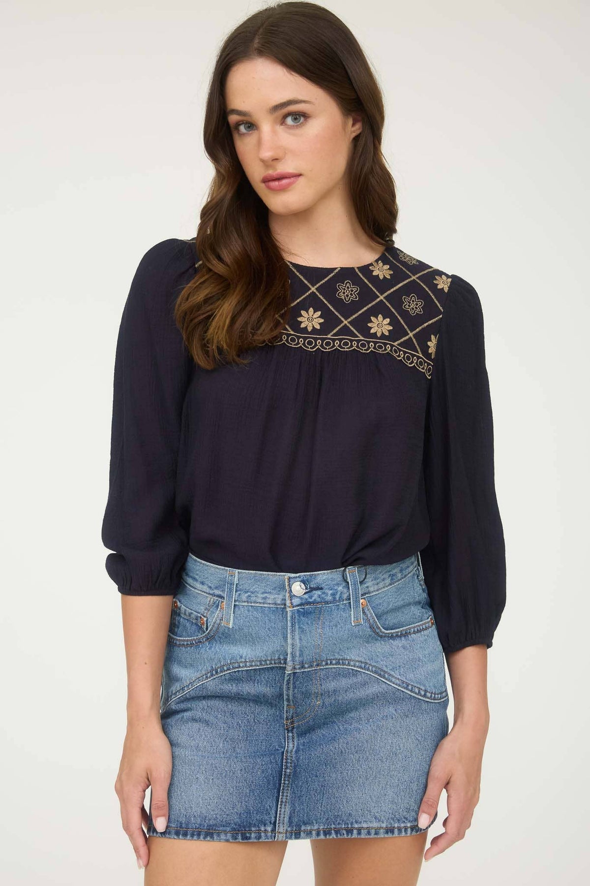 Boho Western Floral Embroidered Yoke 3/4 Sleeve Blouse