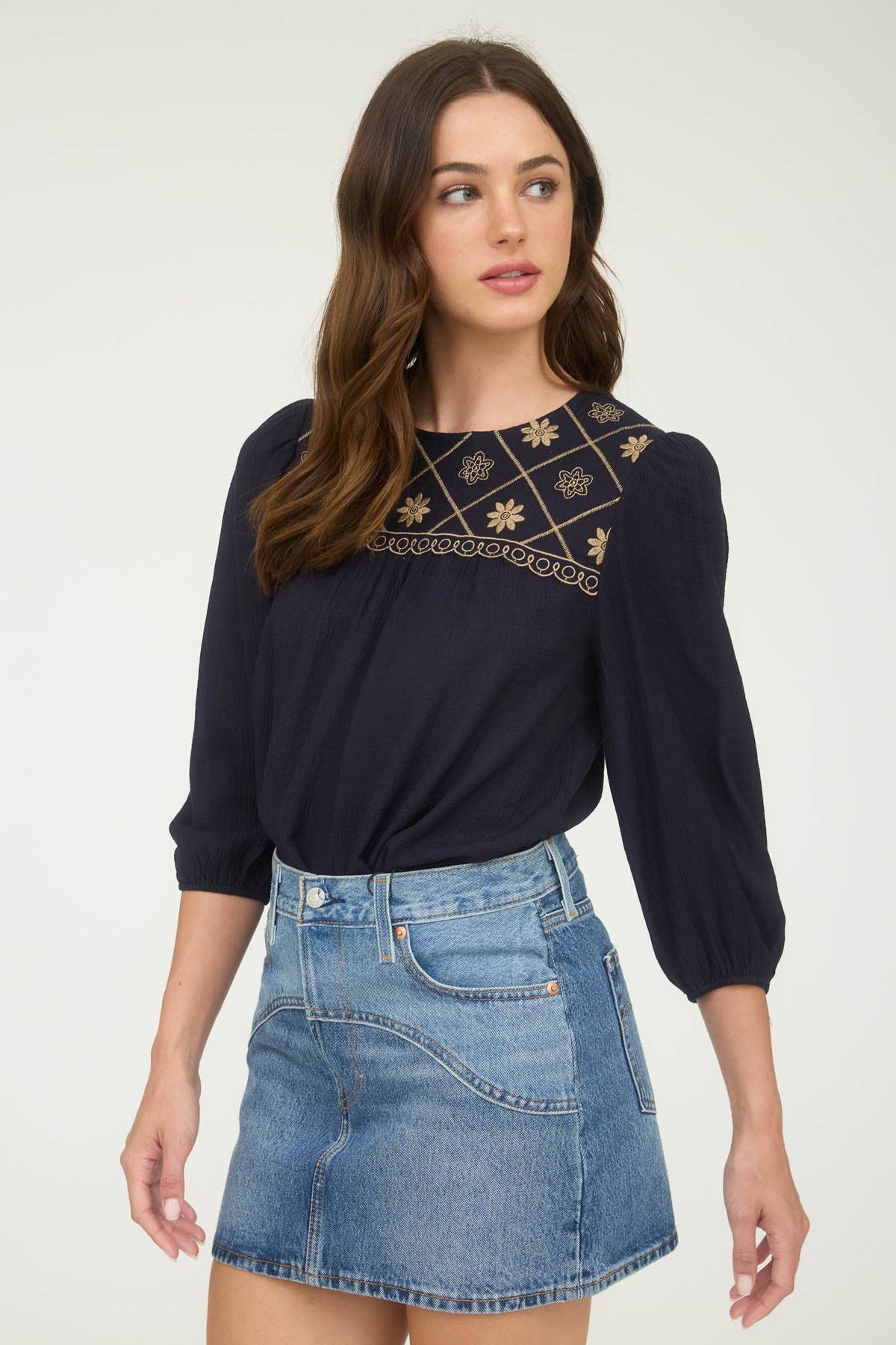 Boho Western Floral Embroidered Yoke 3/4 Sleeve Blouse