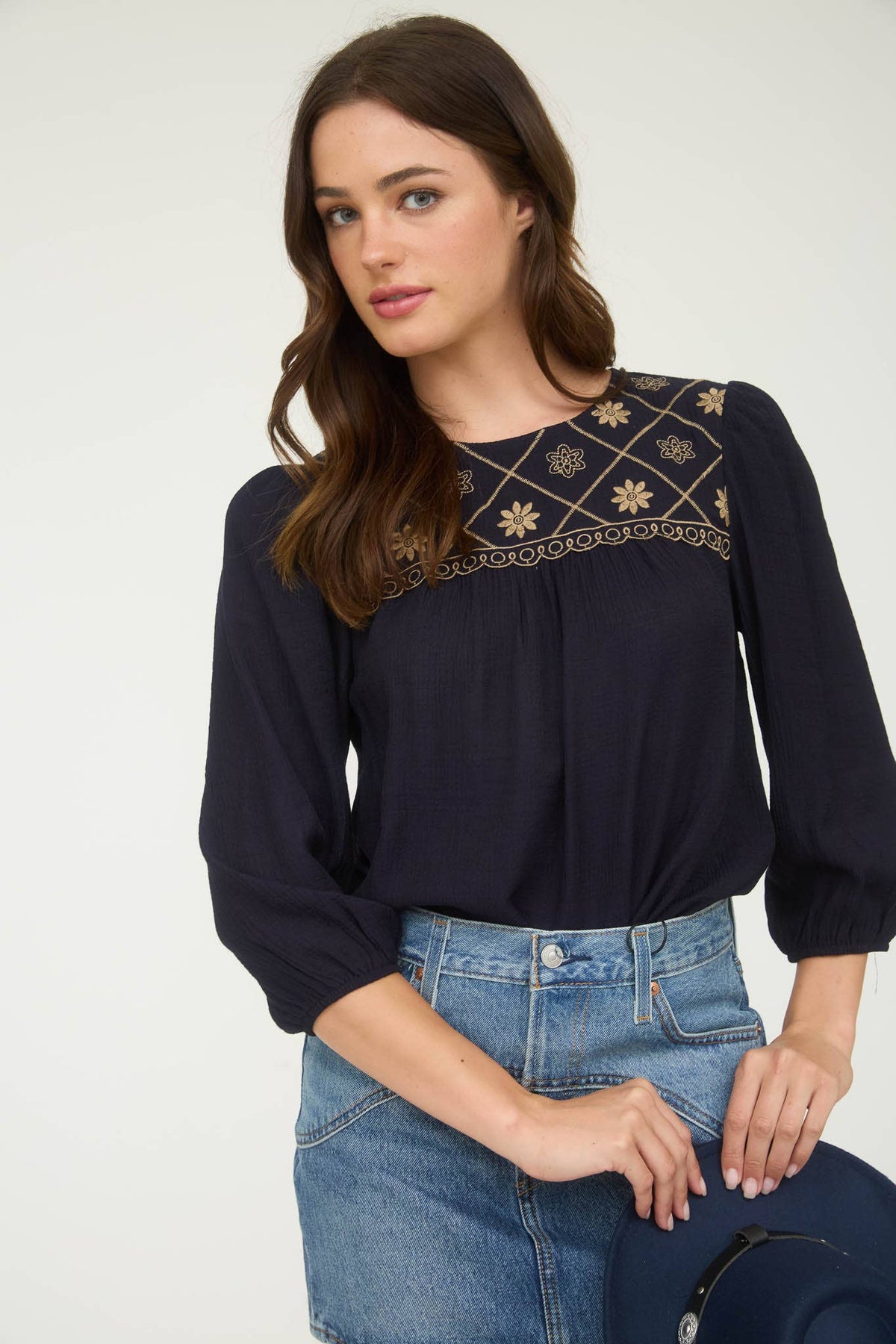 Boho Western Floral Embroidered Yoke 3/4 Sleeve Blouse