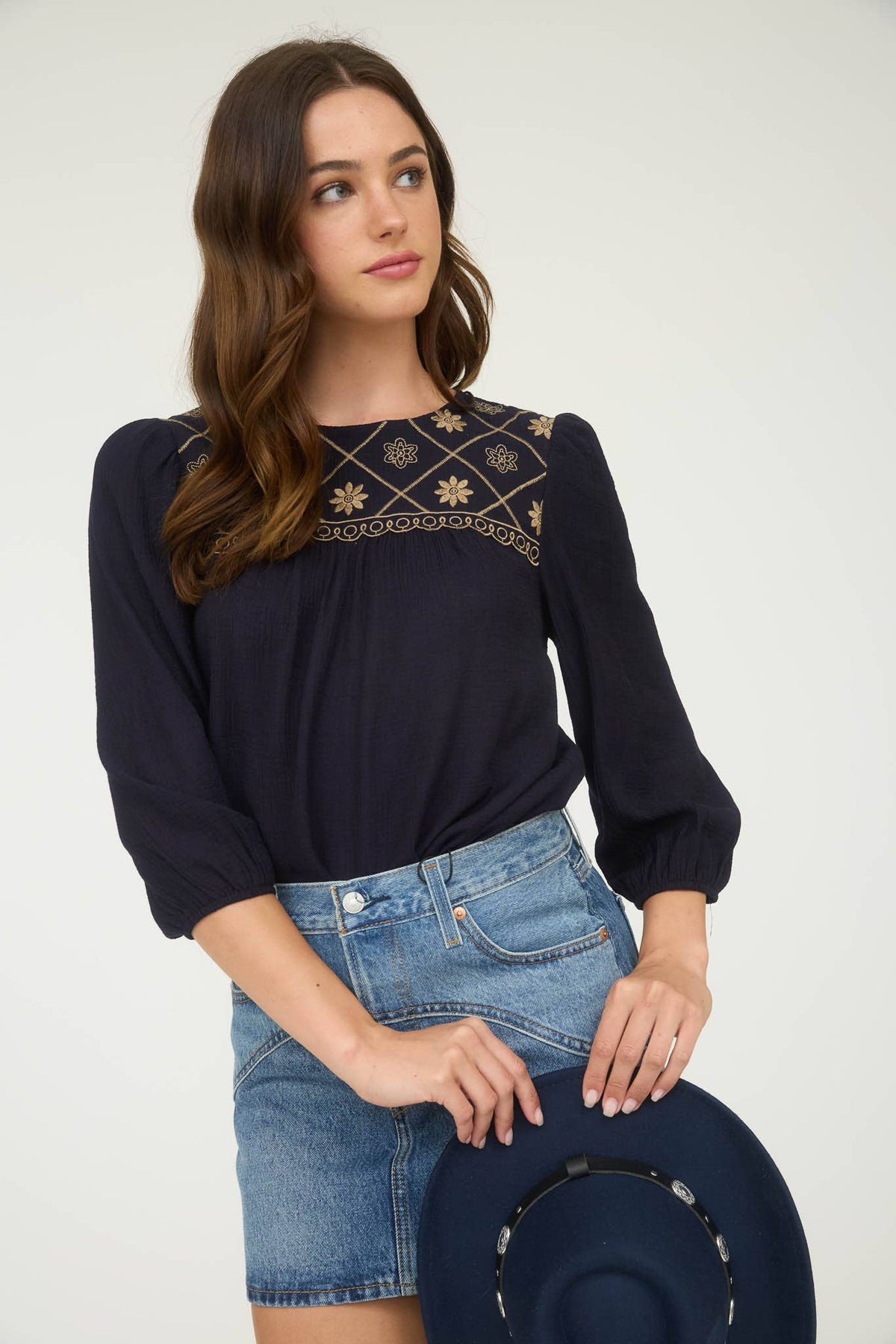 Boho Western Floral Embroidered Yoke 3/4 Sleeve Blouse