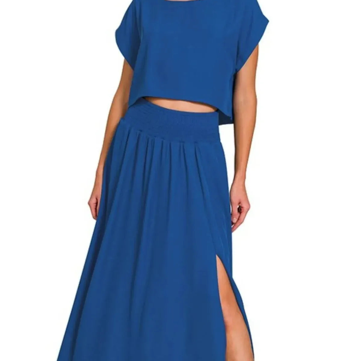 Heavy Woven Span Crop Tee & Skirt Set in LT NAVY