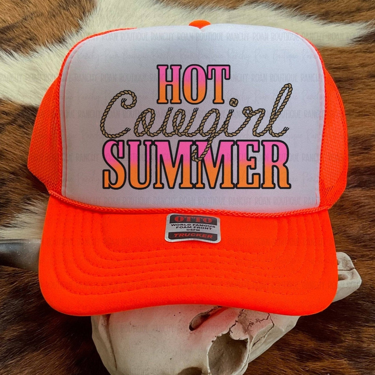 "Hot Cowgirl Summer" Trucker Hat — Blaze Orange Foam Front with Mesh Back & Adjustable Snapback