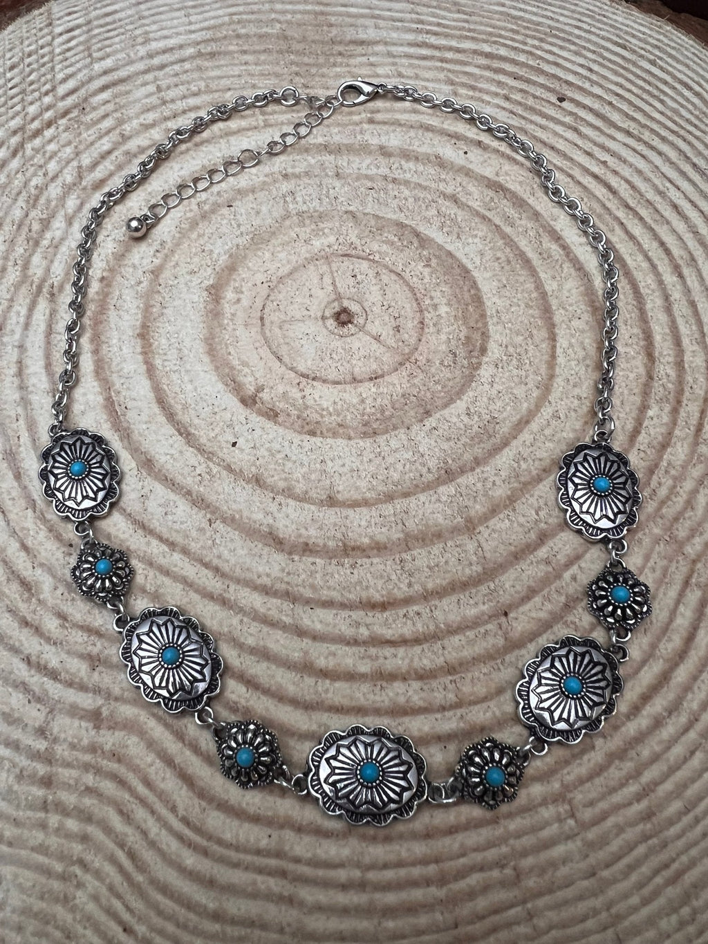 Western Linked Concho Necklace with Faux Turquoise — 18 Inch with Extender