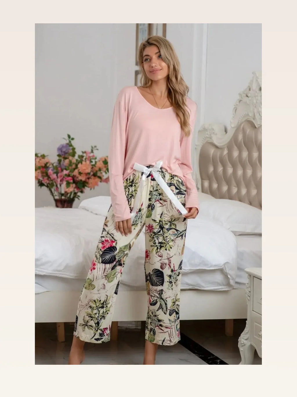Round Neck Top and Printed Pants Lounge Set