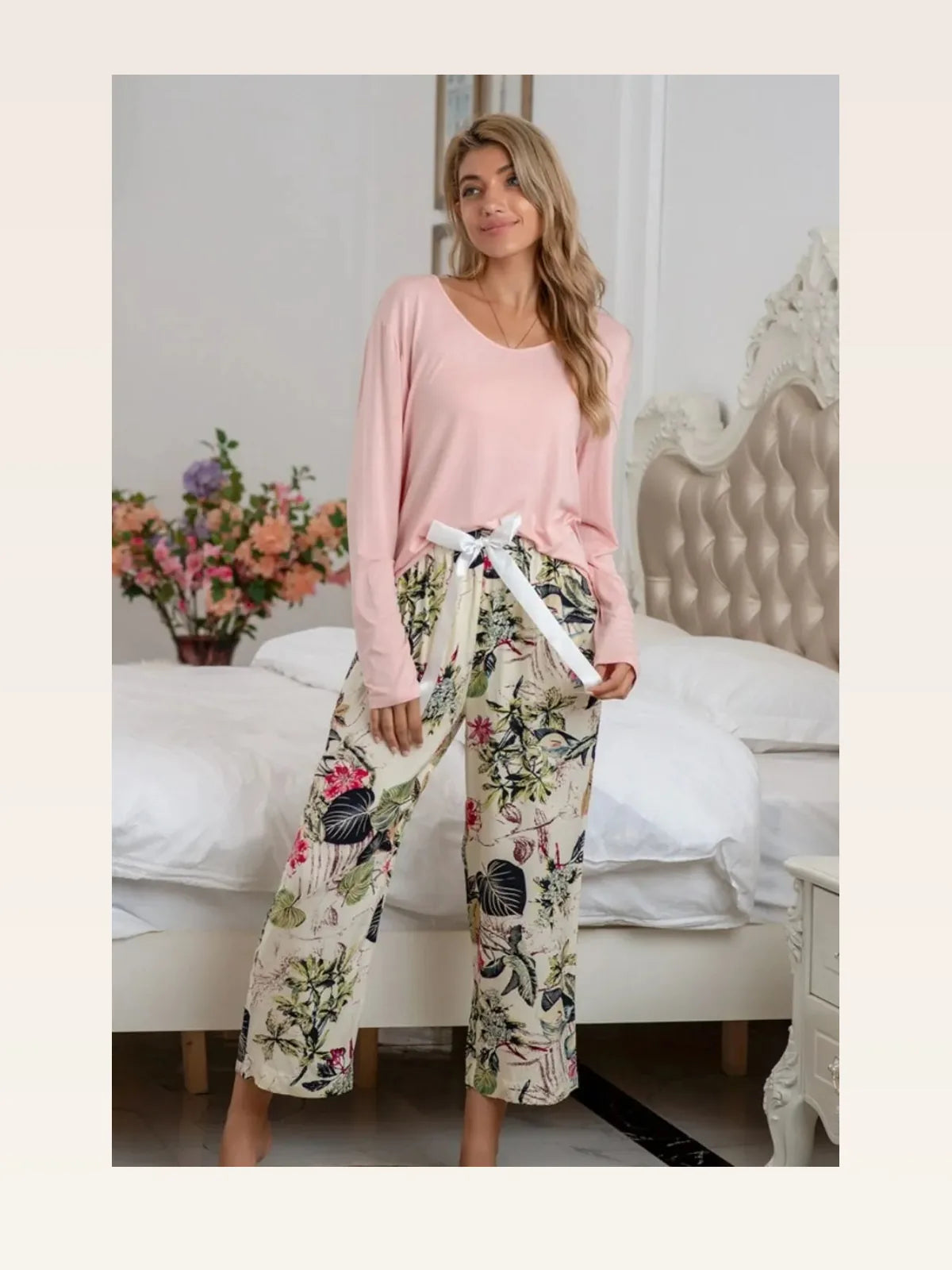 Round Neck Top and Printed Pants Lounge Set