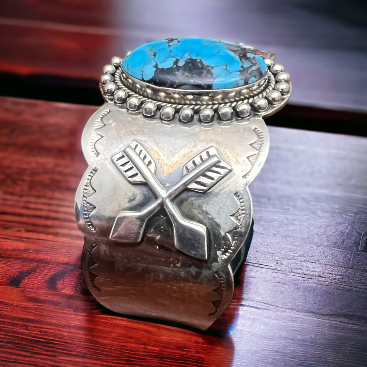 Boho Western Dan Dodson Legacy Stamped Suncup Blue Kingman Turquoise Hand-Stamped Cuff — 1 1/2" Wide