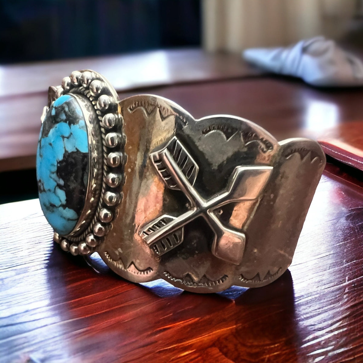 Boho Western Dan Dodson Legacy Stamped Suncup Blue Kingman Turquoise Hand-Stamped Cuff — 1 1/2" Wide