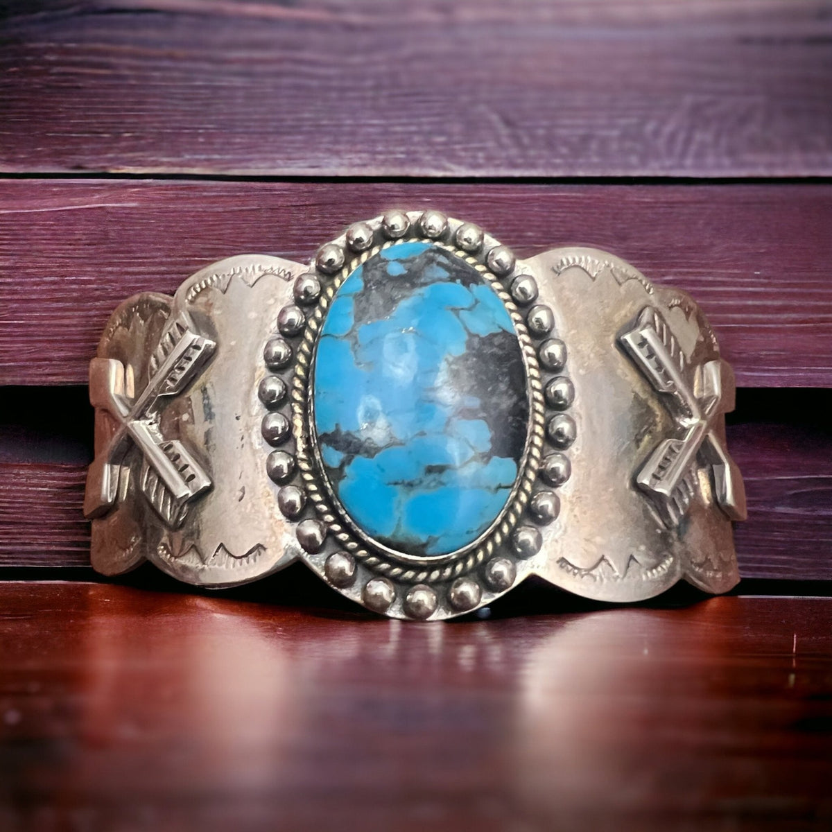 Boho Western Dan Dodson Legacy Stamped Suncup Blue Kingman Turquoise Hand-Stamped Cuff — 1 1/2" Wide