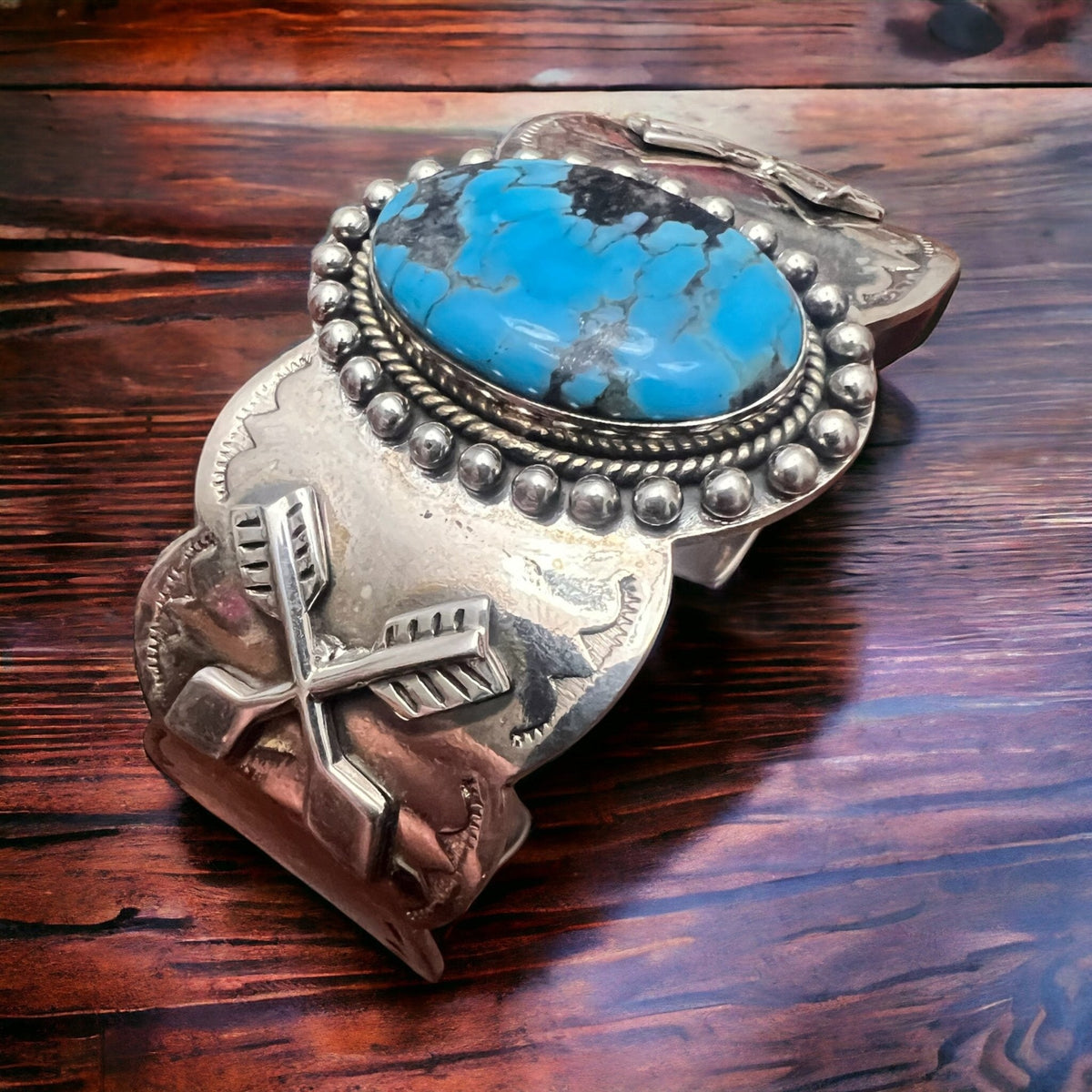 Boho Western Dan Dodson Legacy Stamped Suncup Blue Kingman Turquoise Hand-Stamped Cuff — 1 1/2" Wide