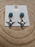 Western Bull Skull Dangle Earrings with Faux Turquoise — 1½" Drop