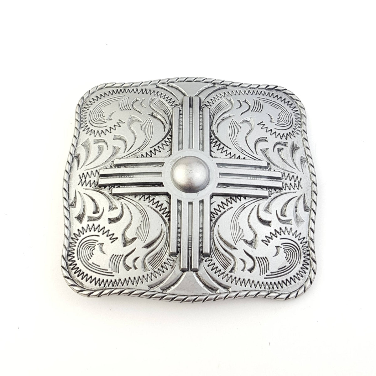 "Zia" Western Belt Buckle — Punchy Silver with Rope Edge, Etched Details & Southwestern Zia Overlay