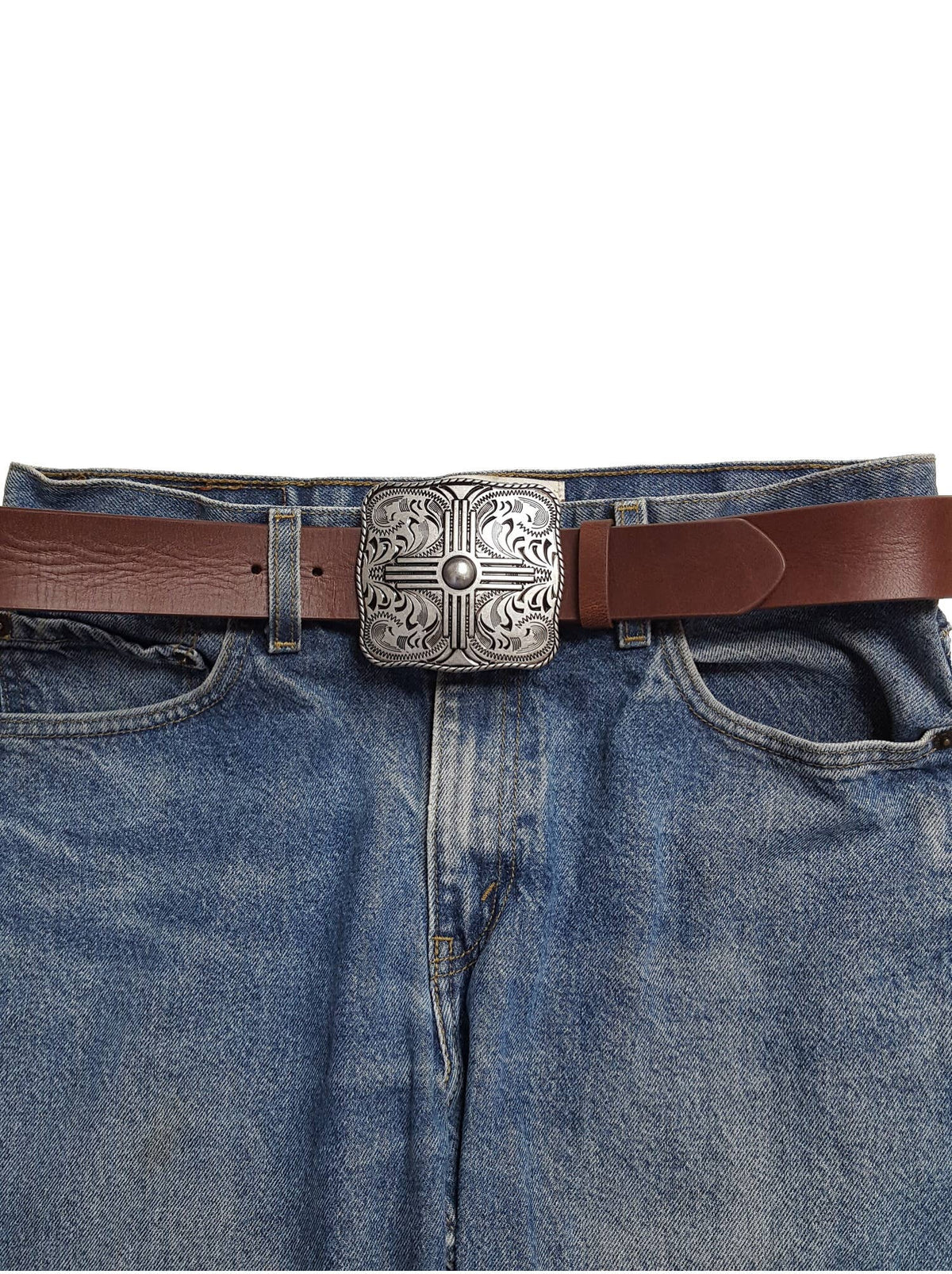 "Zia" Western Belt Buckle — Punchy Silver with Rope Edge, Etched Details & Southwestern Zia Overlay